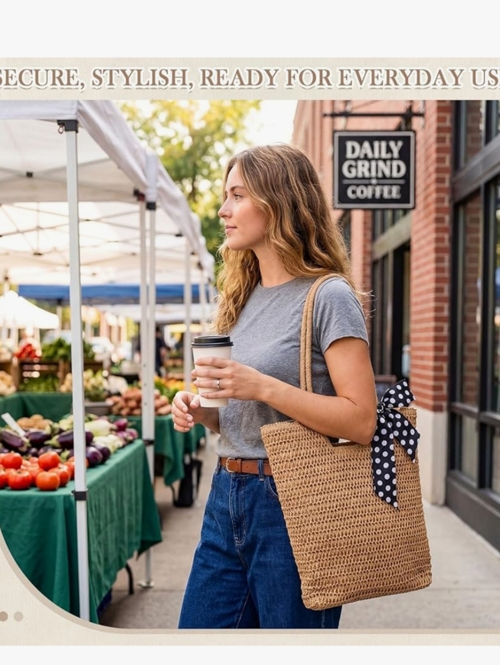 Woven Straw Tote Bag with Polka Dot Scarf - Natural - Picture 2 of 6